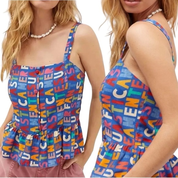 FARM Rio Tops - NWT Farm Rio Anthropologie Fantastic Peplum Ruffle Multi Color Tank Top Size XL
